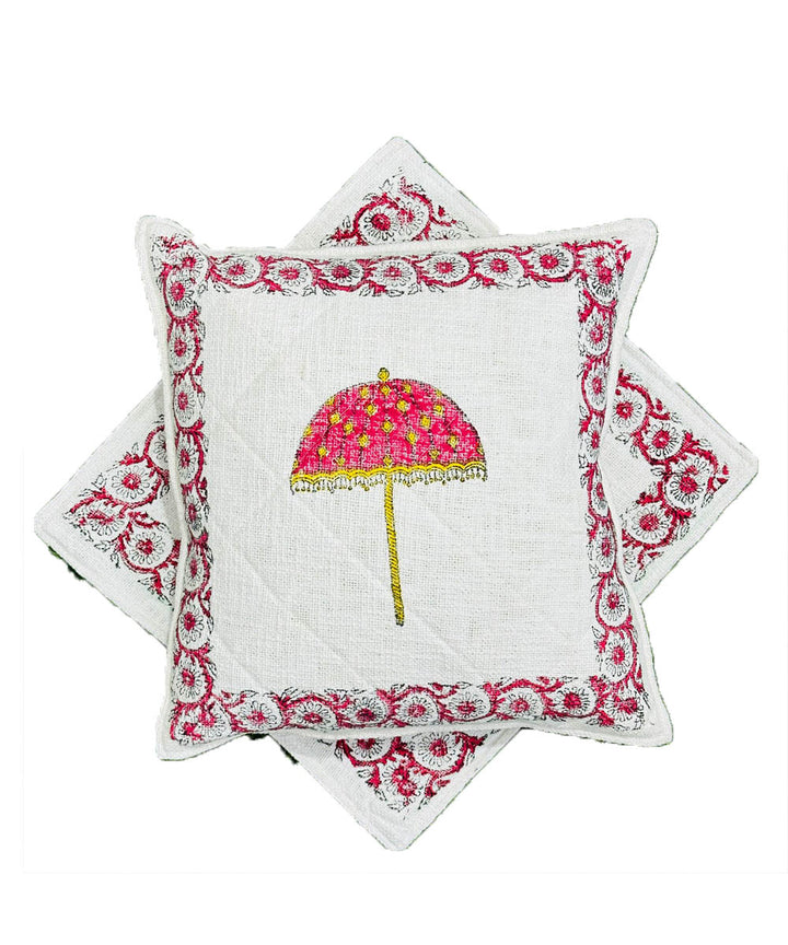 Red white hand block printed quilted foam cotton cushion cover