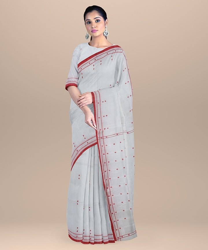 Offwhite red handloom cotton bengal saree