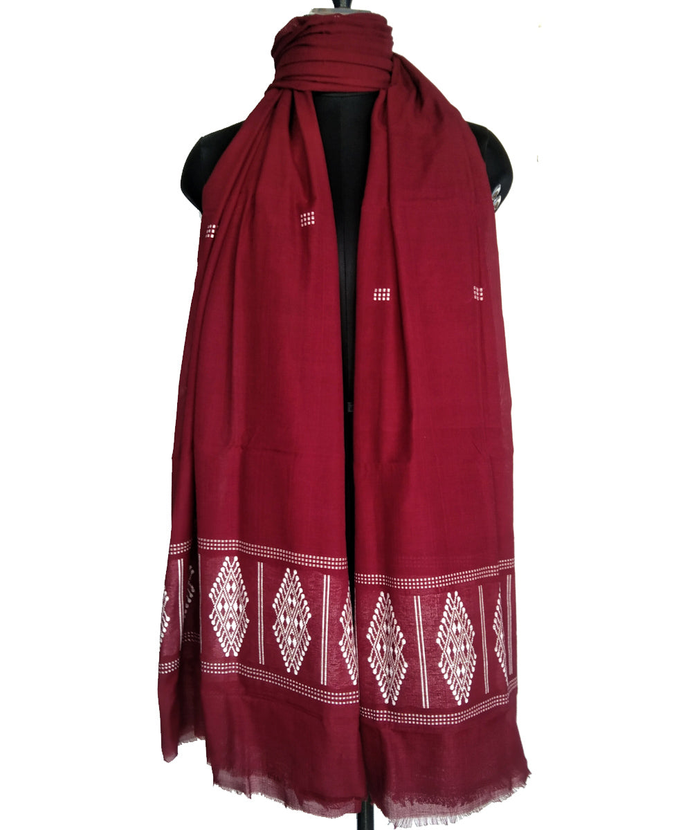 Maroon white handwoven cotton bomkai dupatta