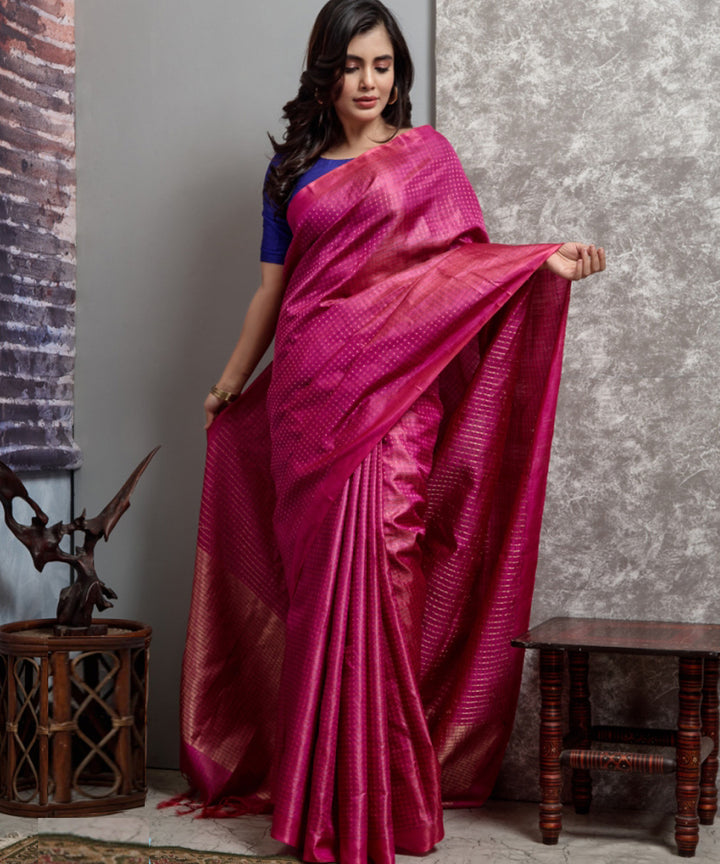 Magenta pink handwoven chhatisgarh tussar silk saree