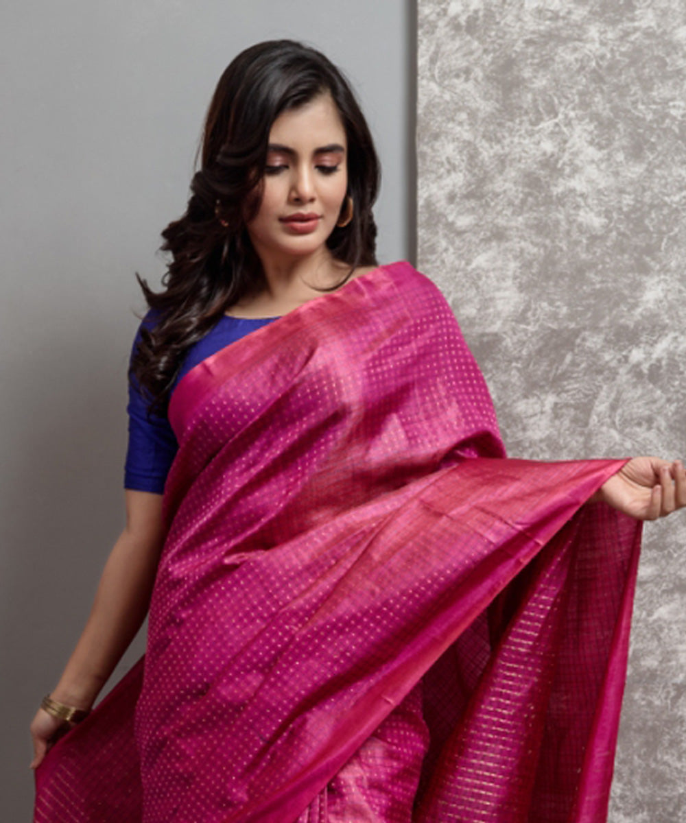 Magenta pink handwoven chhatisgarh tussar silk saree