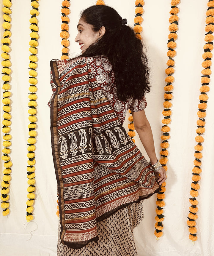 Beige black hand block bagru print chanderi sico saree