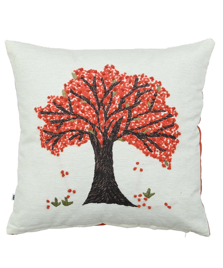 Offwhite orange hand embroidered cotton cushion cover