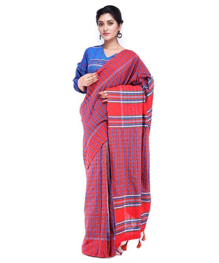 Orange checks cotton handloom gamcha saree