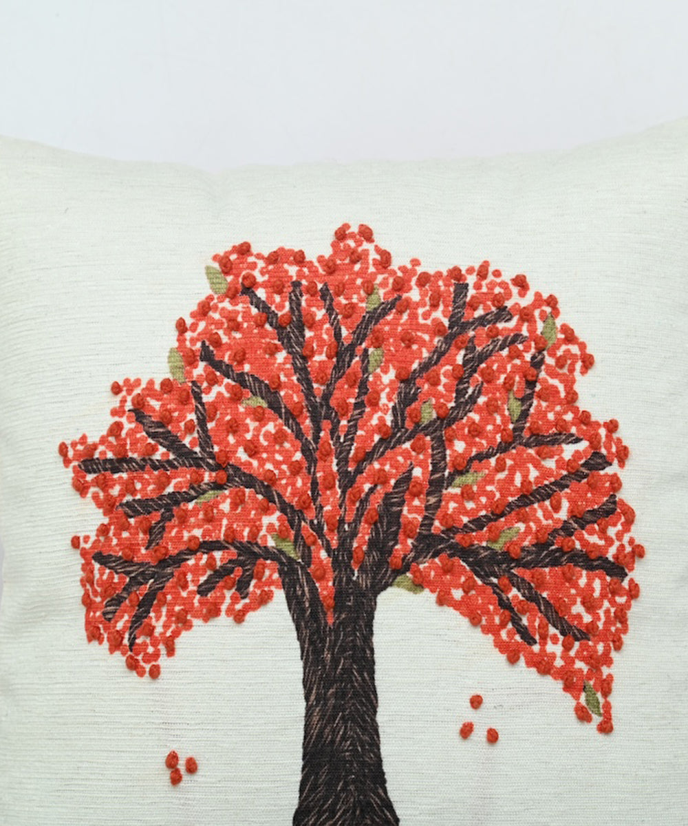 Offwhite orange hand embroidered cotton cushion cover