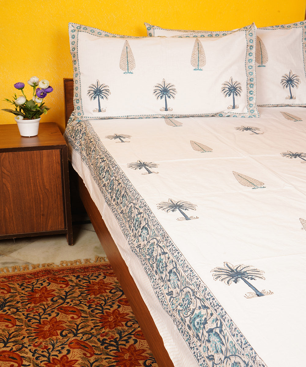 White grey cotton hand block printed double bedsheet