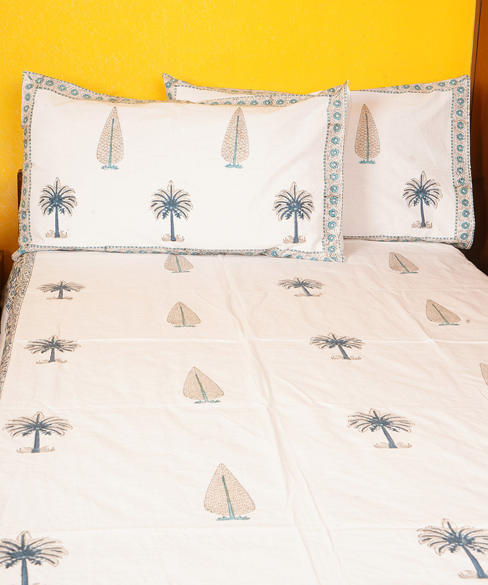 White grey cotton hand block printed double bedsheet