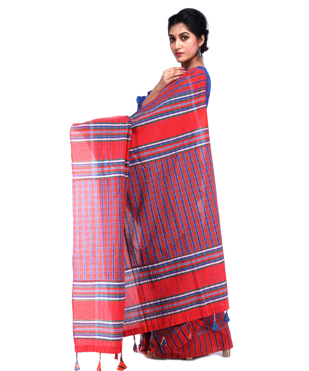 Orange checks cotton handloom gamcha saree