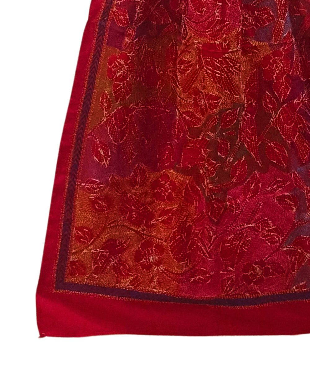 Red multicolor thread handwoven kantha stitch silk stole