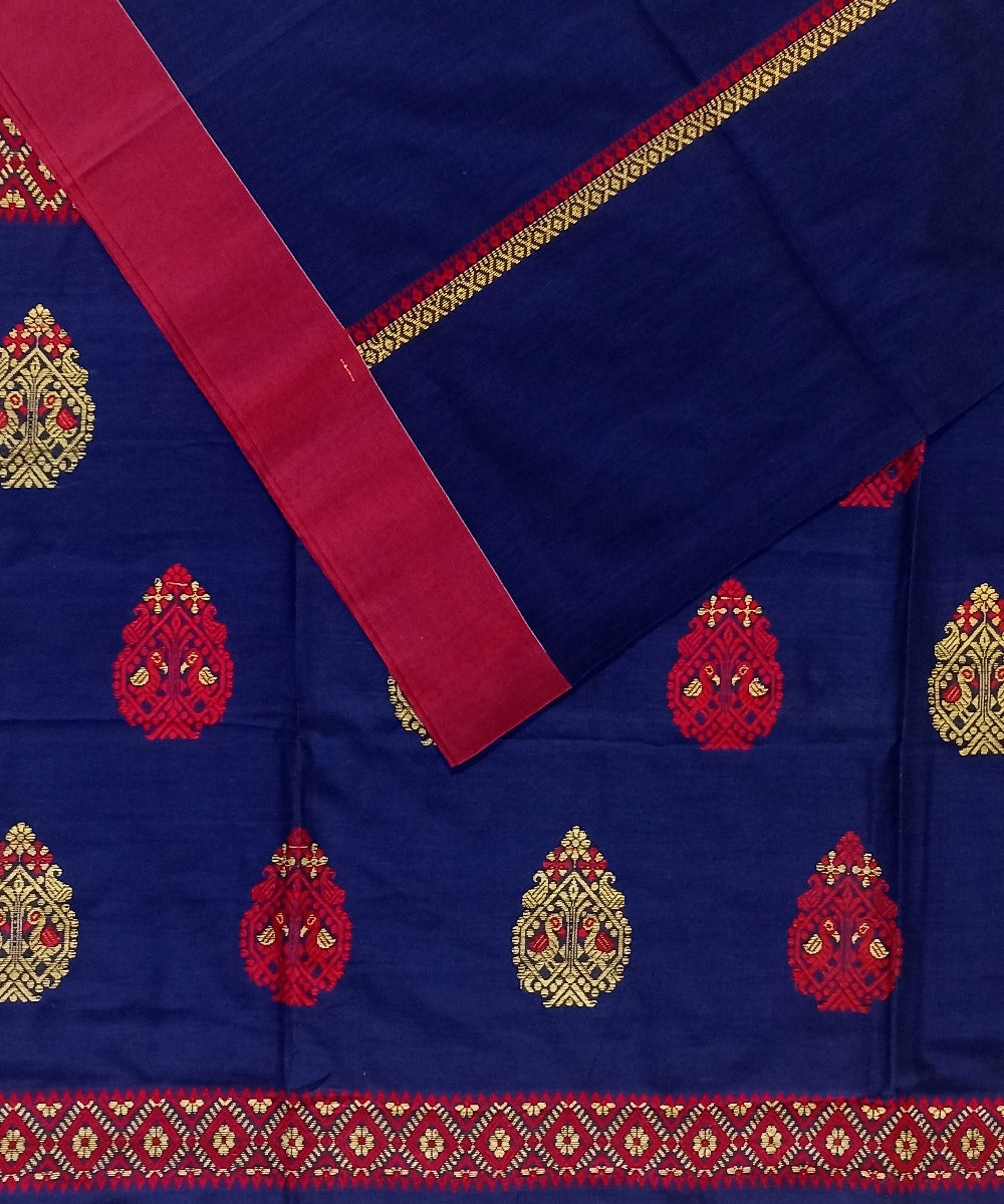 Navy blue red cotton bengal handloom saree