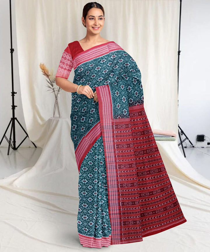 Pine red cotton handwoven sambalpuri saree