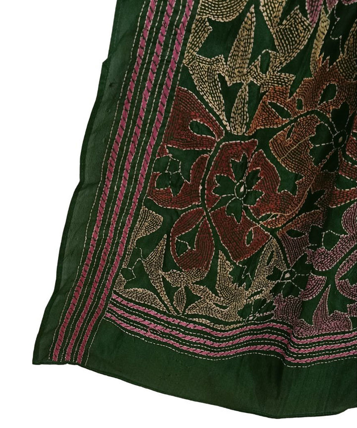 Black multicolor thread hand embroidered silk kantha stitch stole