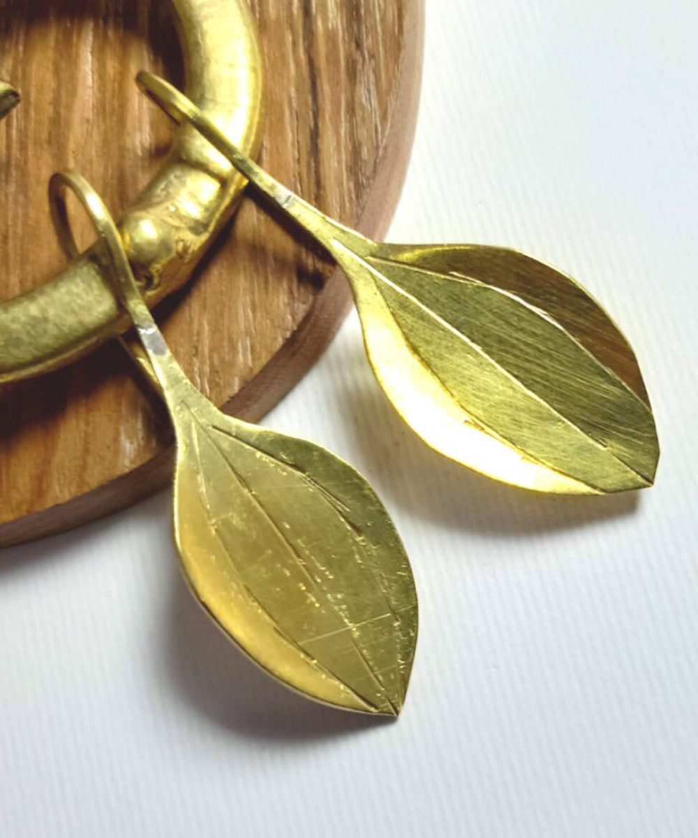 Golden leaf motif handcrafted dhokra brass earring