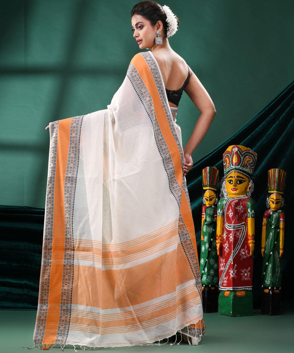 Offwhite orange handloom cotton bengal saree