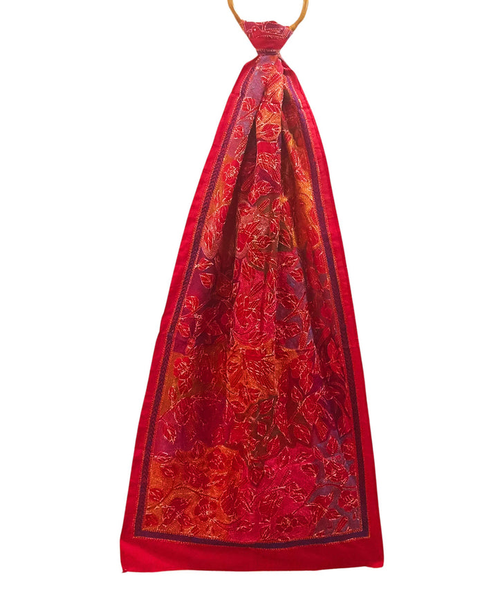 Red multicolor thread handwoven kantha stitch silk stole