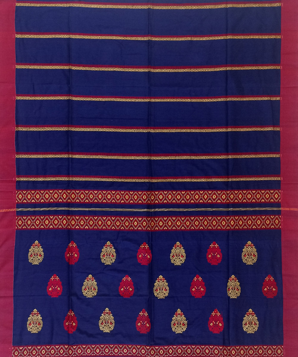 Navy blue red cotton bengal handloom saree