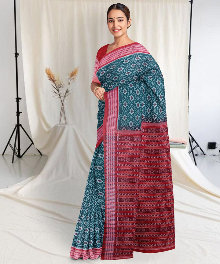 Pine red cotton handwoven sambalpuri saree