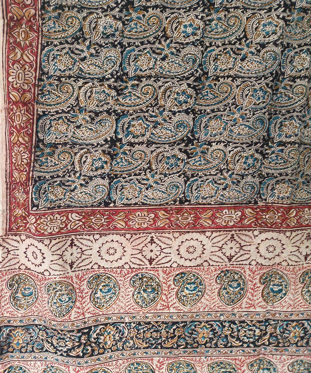 Offwhite black allover kalamkari cotton hand printed saree