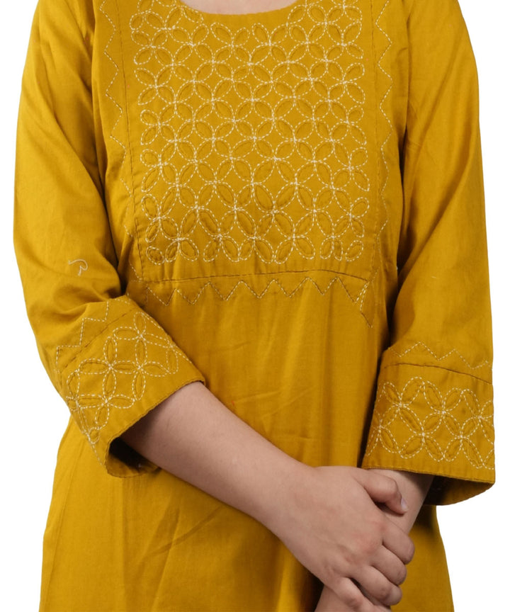 Yellow Applique Hand Embroidered Cotton Kurti