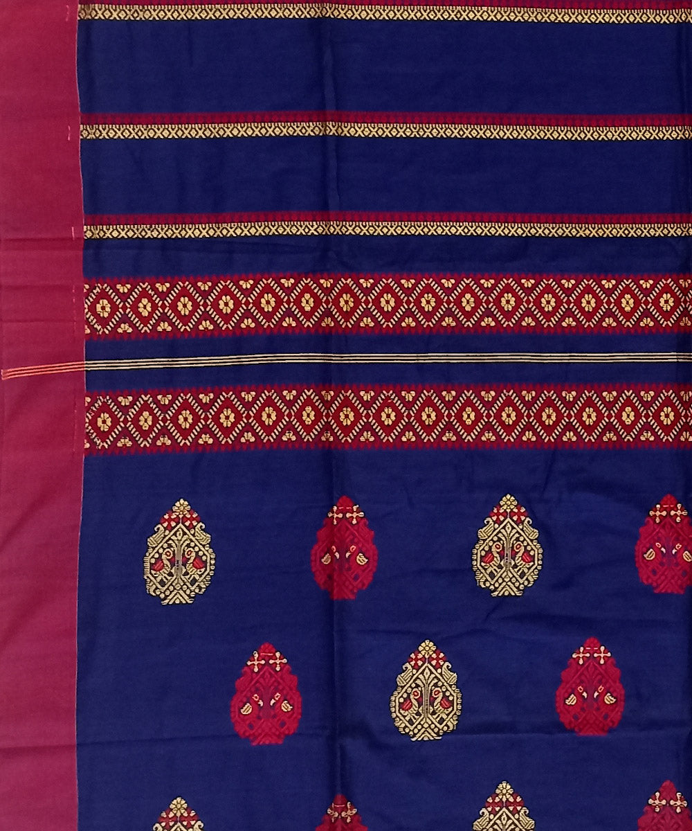 Navy blue red cotton bengal handloom saree