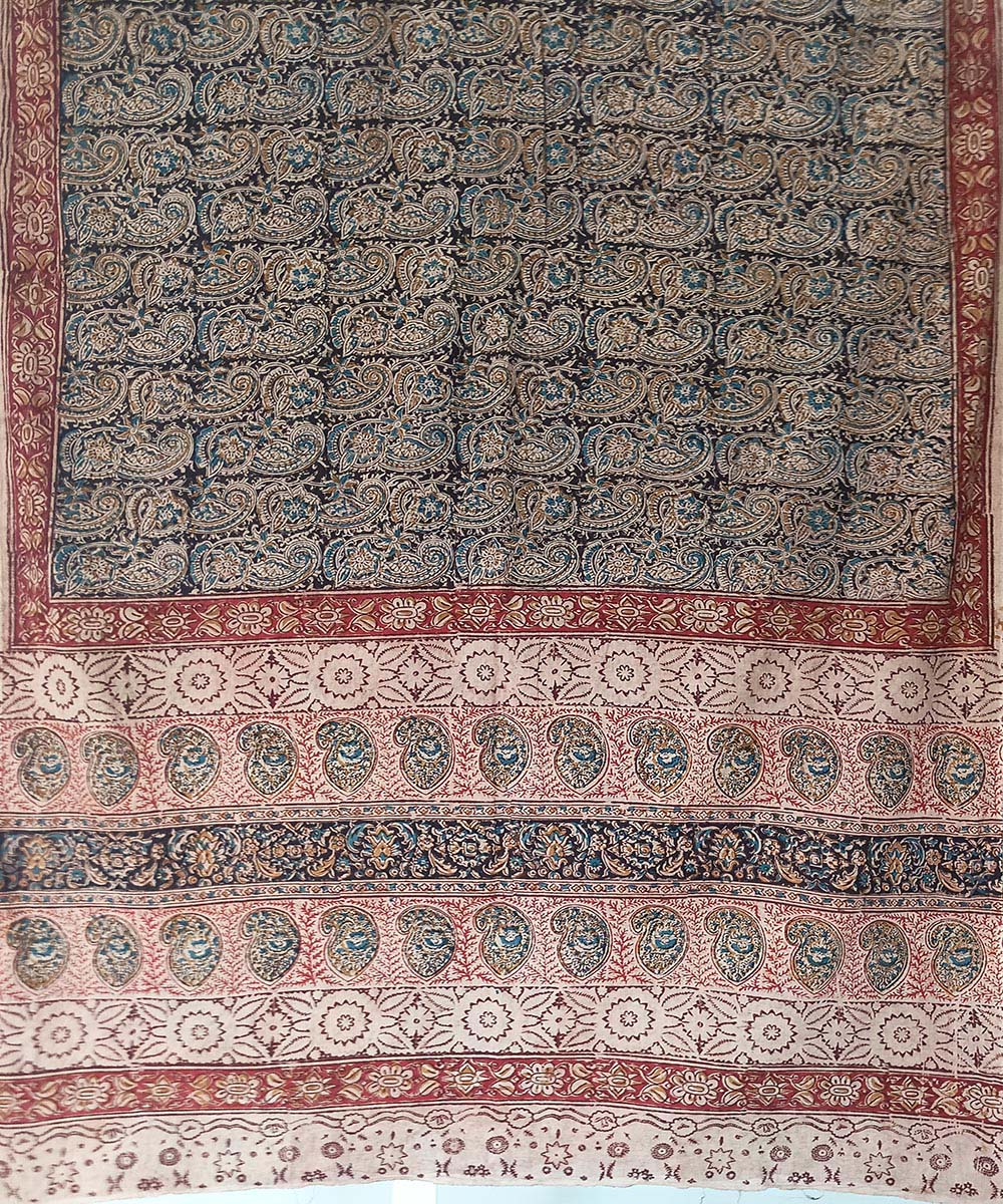 Offwhite black allover kalamkari cotton hand printed saree