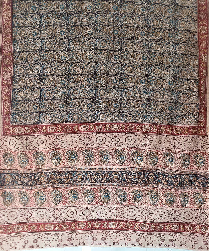Offwhite black allover kalamkari cotton hand printed saree