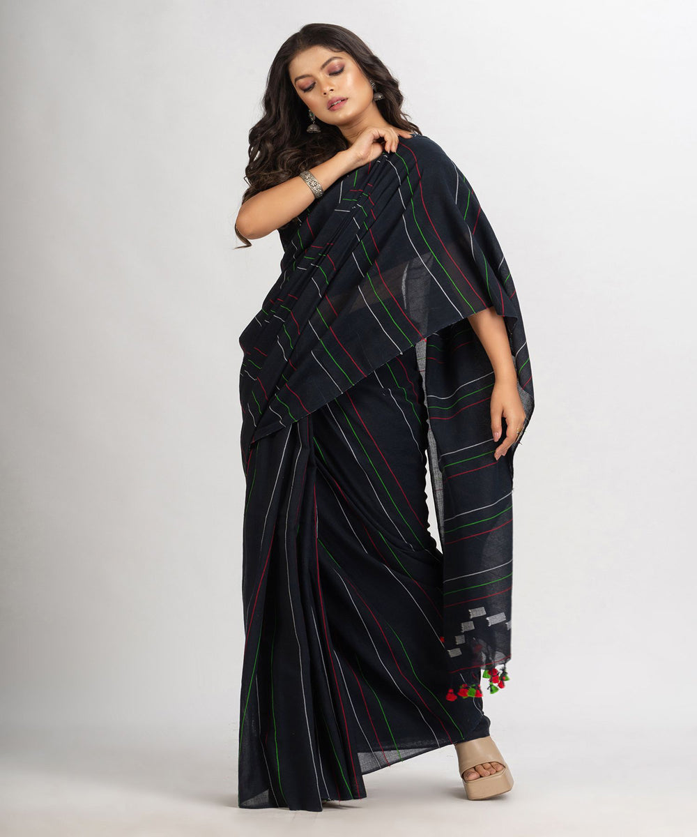 Black handwoven cotton bengal saree