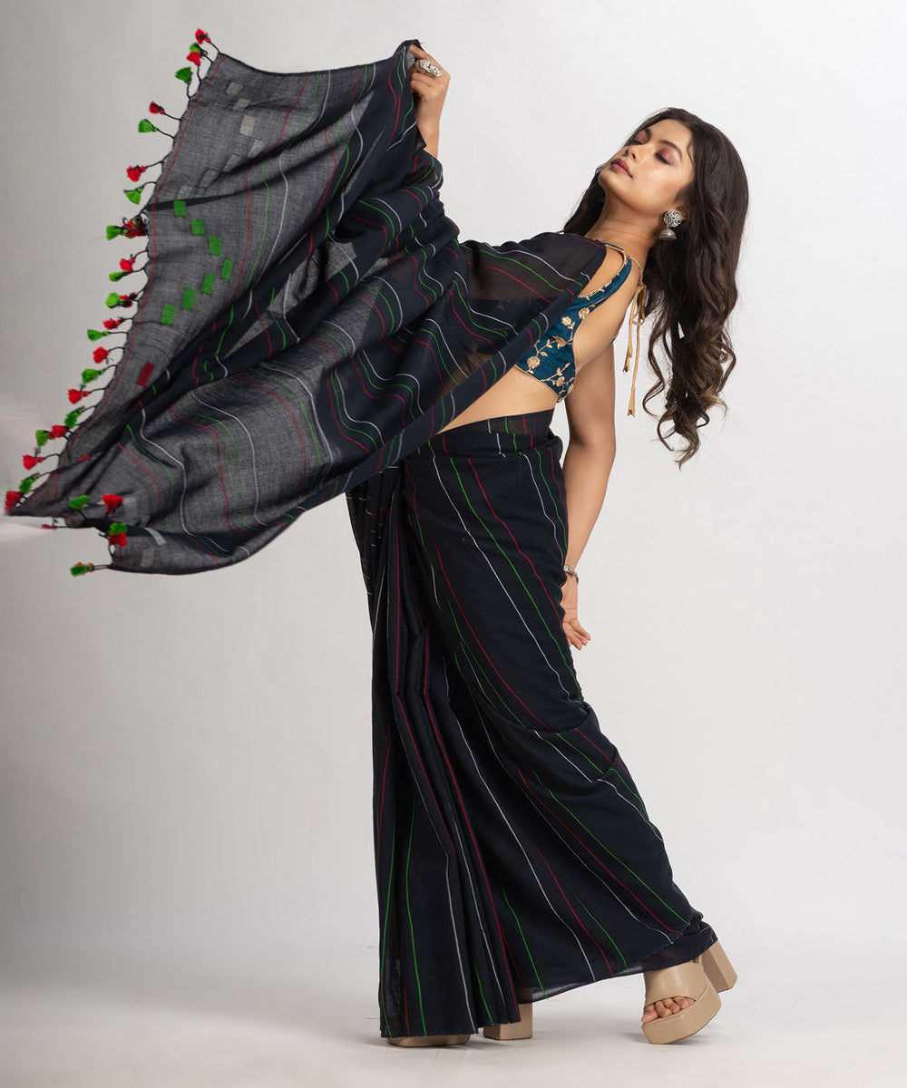 Black handwoven cotton bengal saree