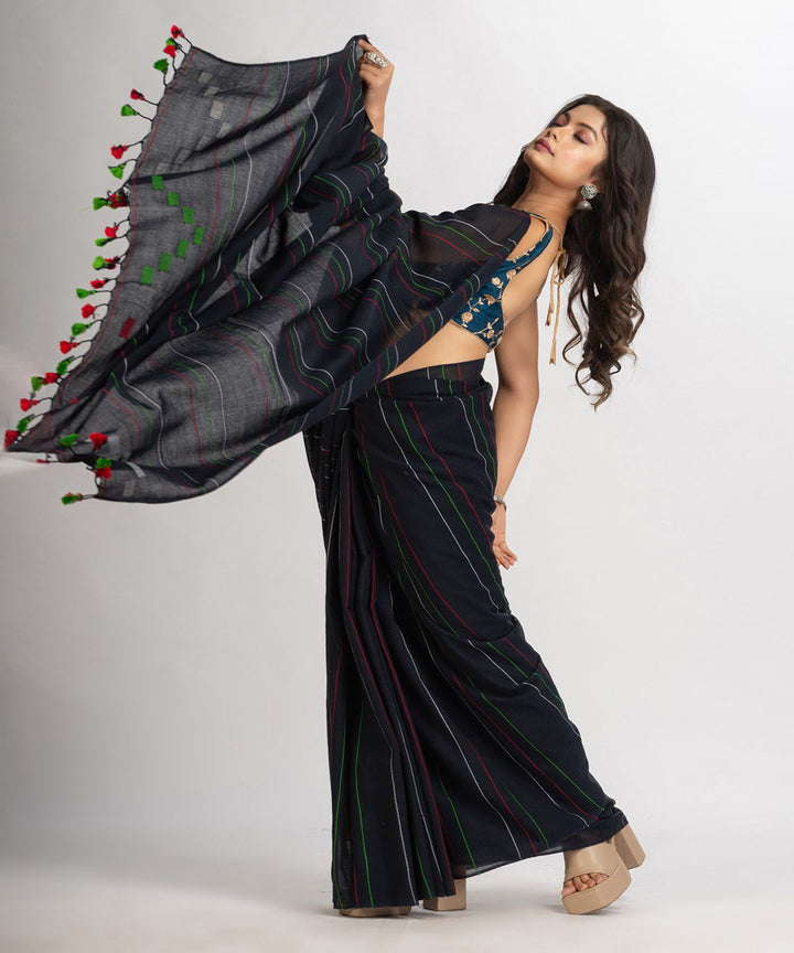 Black handwoven cotton bengal saree
