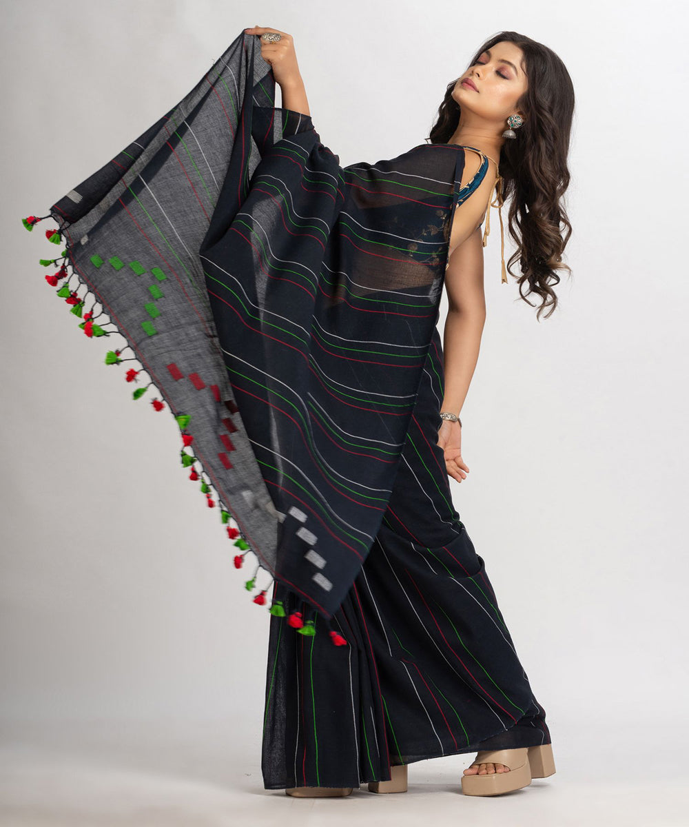 Black handwoven cotton bengal saree