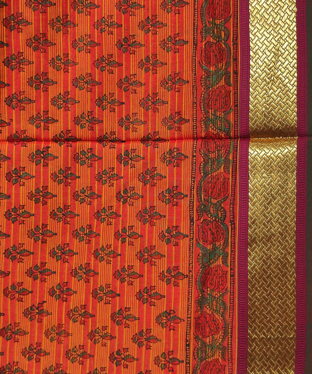 Red green hand block printed maheshwari cotton silk saree