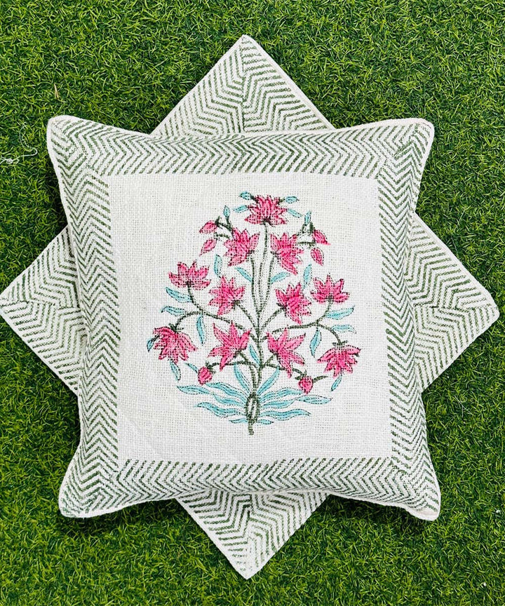 Grey white hand block printed quilted foam cotton cushion cover