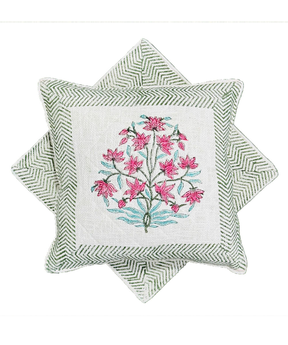 Grey white hand block printed quilted foam cotton cushion cover