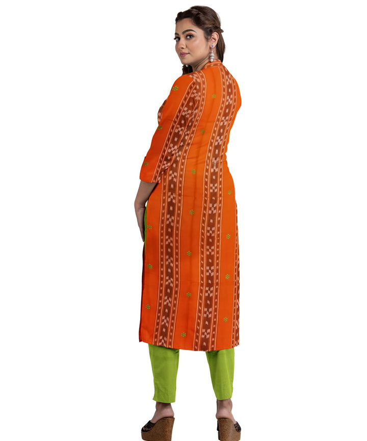 Orange olive green hand woven cotton nuapatna dress material