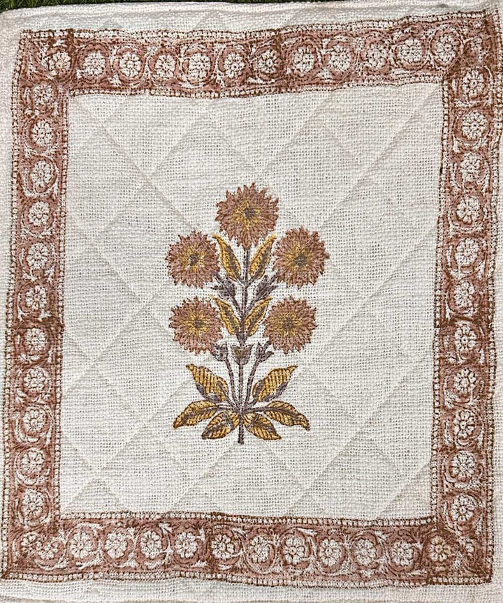 Brown white hand block printed quilted foam cotton cushion cover