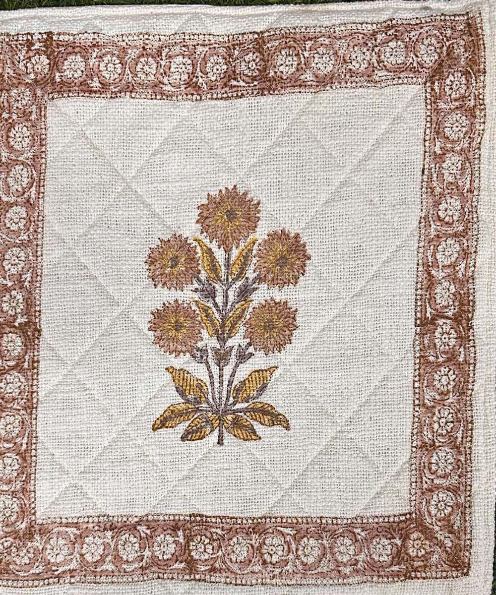 Brown white hand block printed quilted foam cotton cushion cover