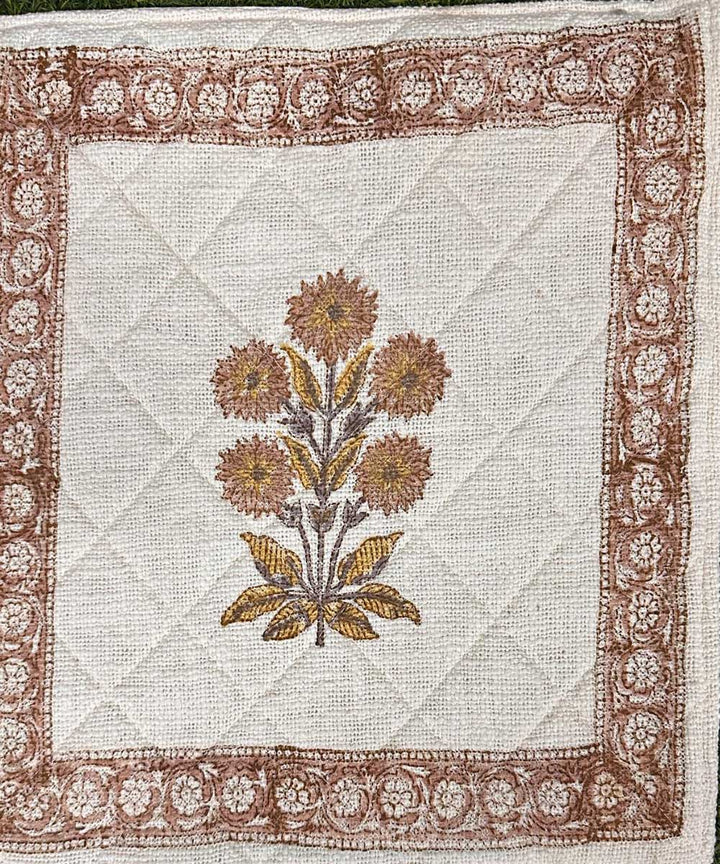 Brown white hand block printed quilted foam cotton cushion cover
