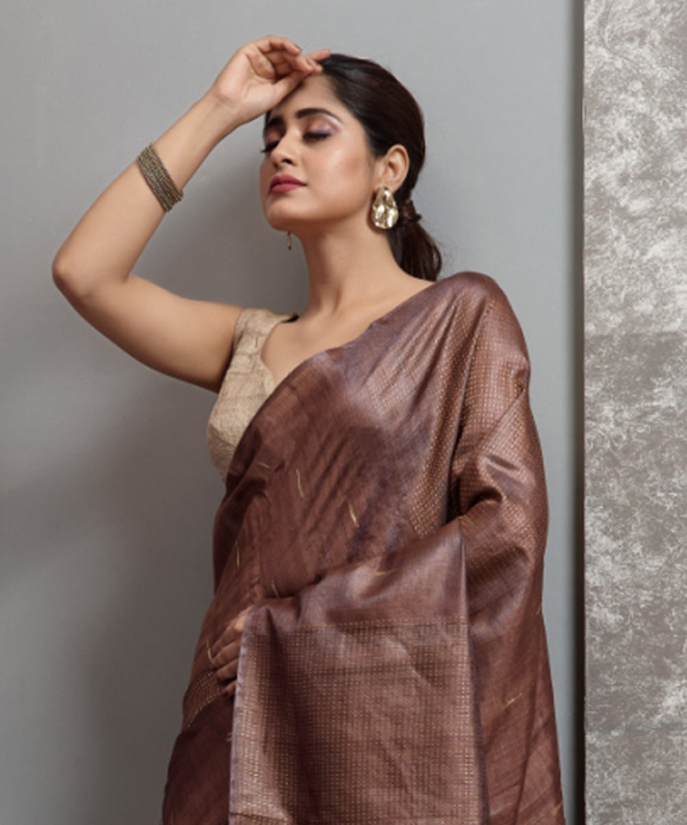 Brown handwoven tussar silk chhatisgarh saree