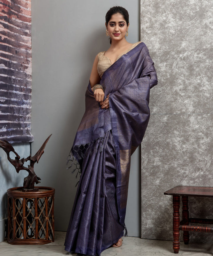 Deep blue  handwoven chhatisgarh tussar silk saree