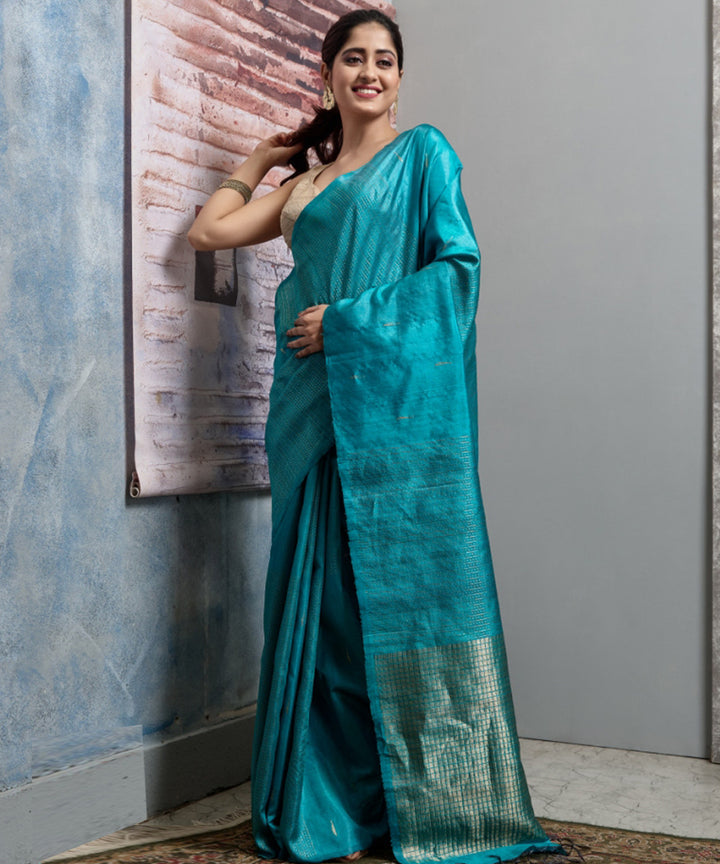 Cyan blue handloom chhatisgarh tussar silk saree