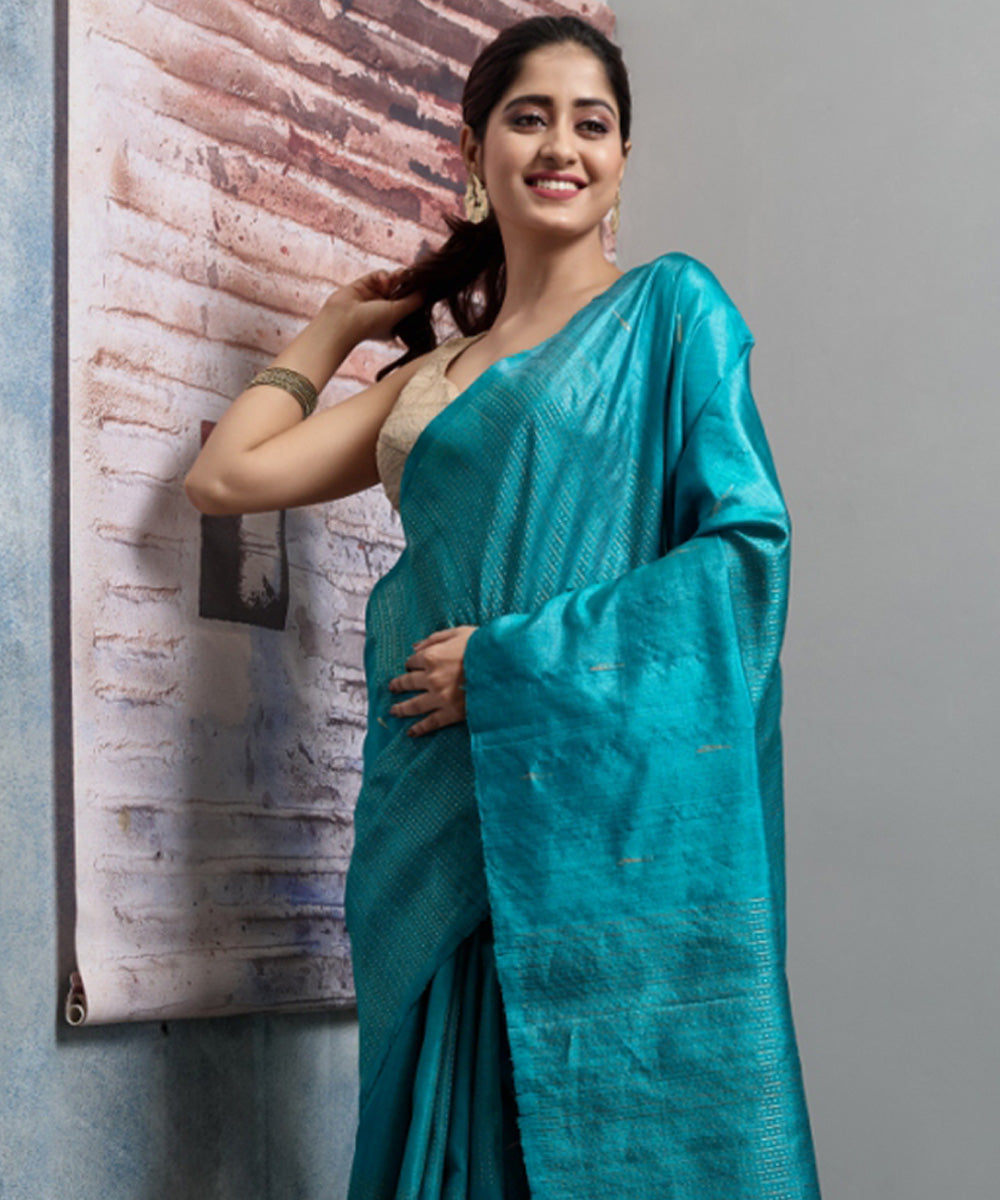 Cyan blue handloom chhatisgarh tussar silk saree