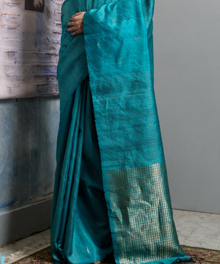 Cyan blue handloom chhatisgarh tussar silk saree