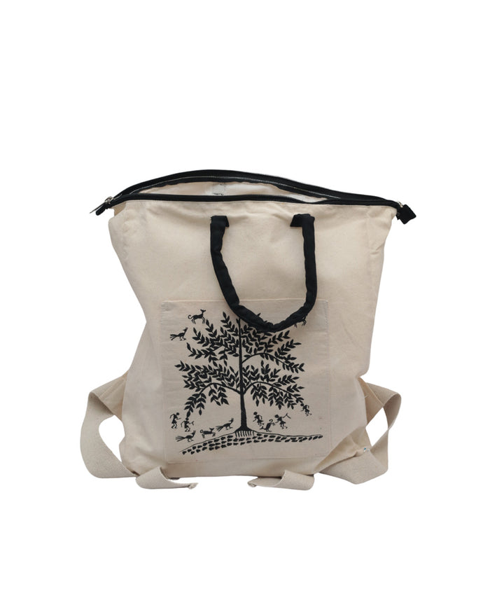 White cotton hand printed warli sack bag