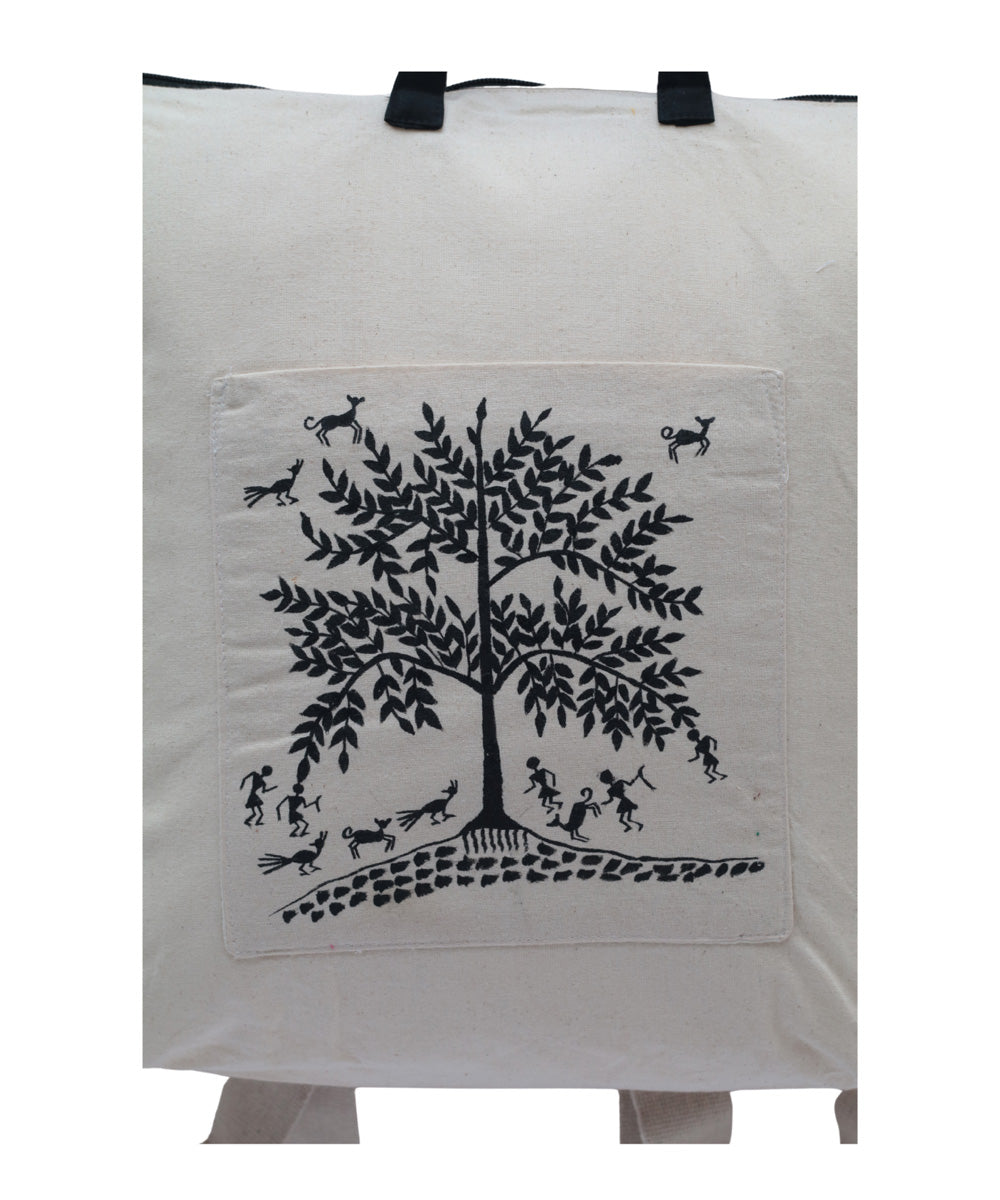 White cotton hand printed warli sack bag