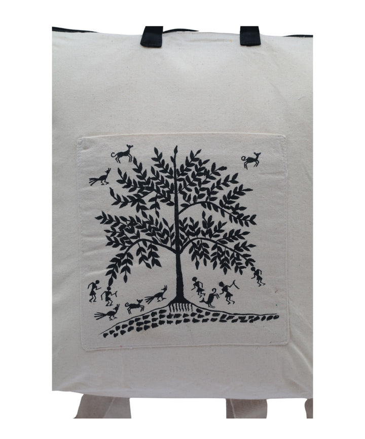 White cotton hand printed warli sack bag