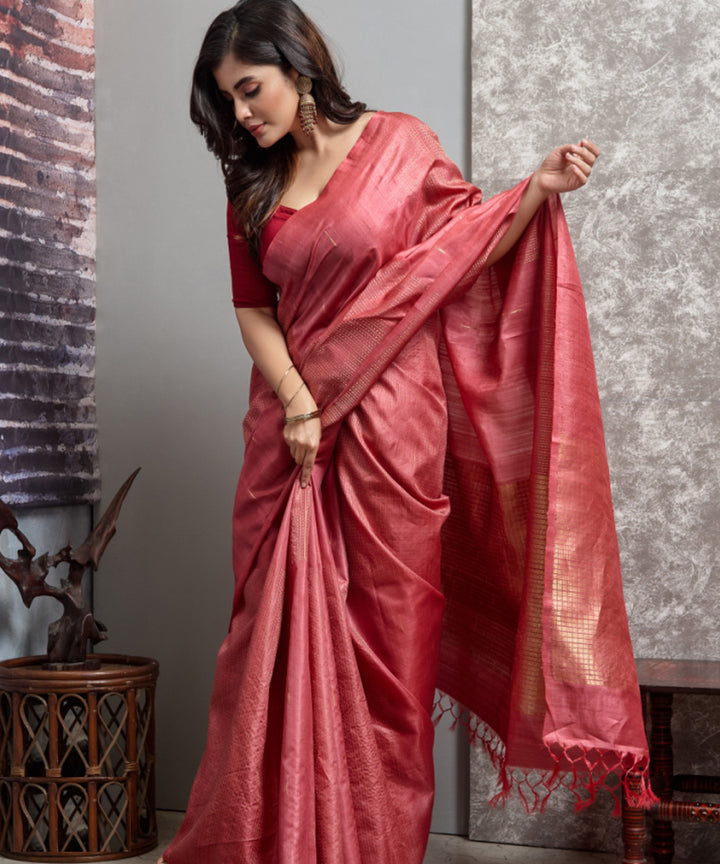 Bright red  handwoven chhatisgarh tussar silk saree