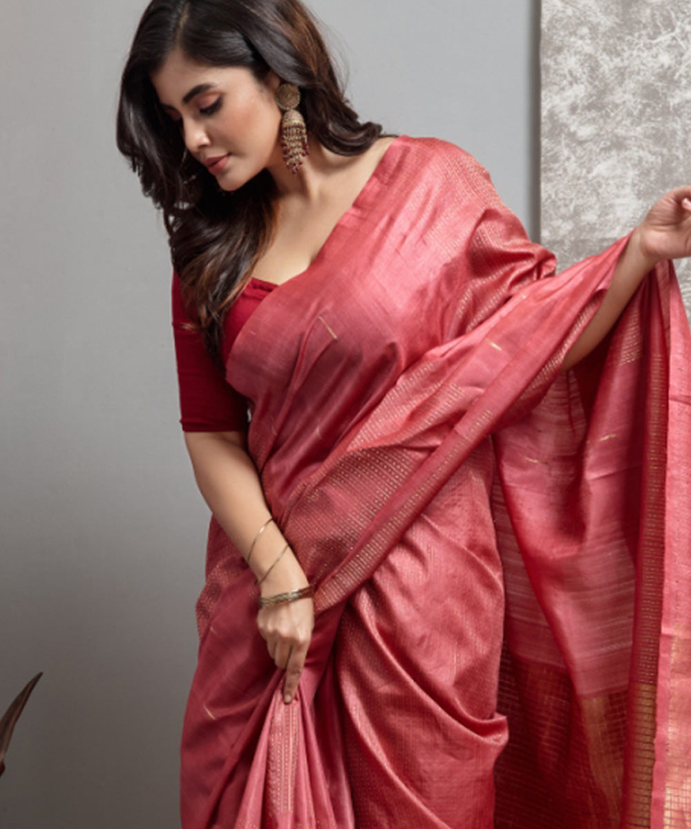 Bright red  handwoven chhatisgarh tussar silk saree
