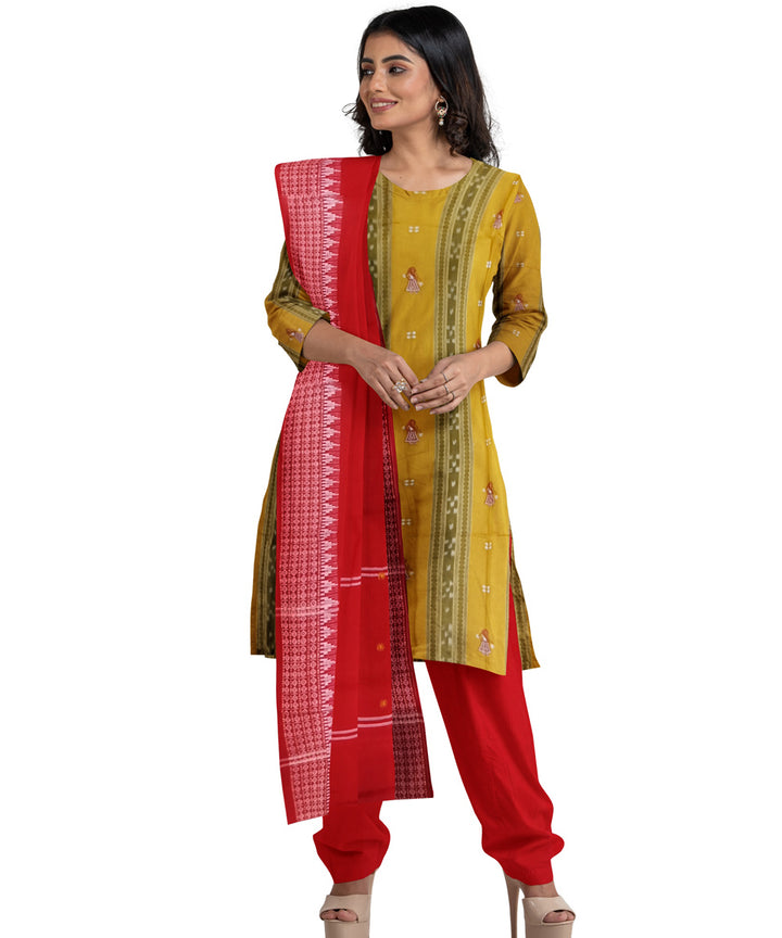 Yellow red hand woven cotton nuapatna dress material