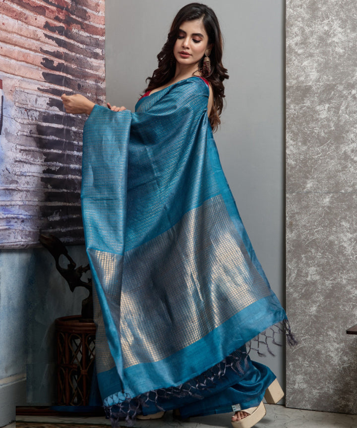 Cyan blue chhatisgarh tussar silk handwoven saree
