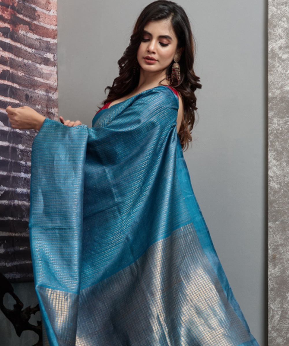 Cyan blue chhatisgarh tussar silk handwoven saree